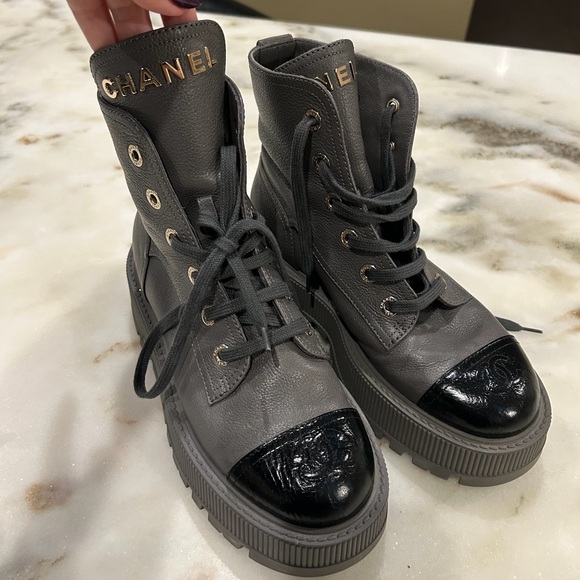 Brand New Chanel Grey Leather Cap Toe Combat Boots, 38 - Picture 3 of 6